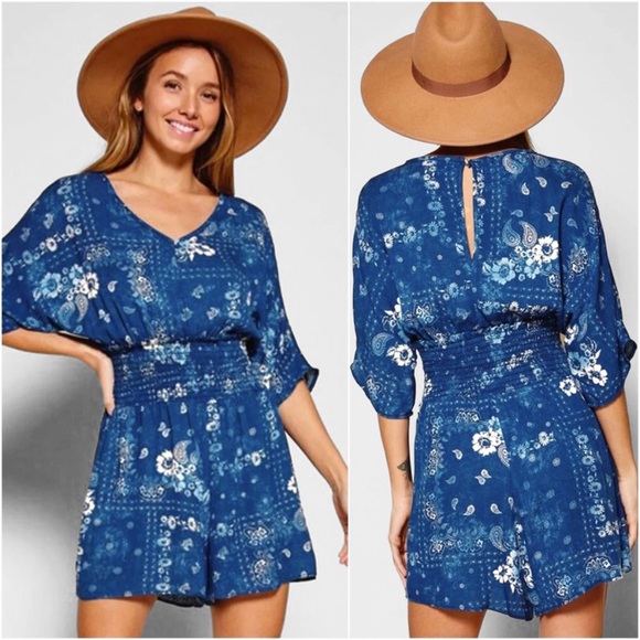 💙2️⃣LEFT💙Denim Blue Floral Paisley Cinched Waist Lightweight Breezy Romper - Picture 2 of 2